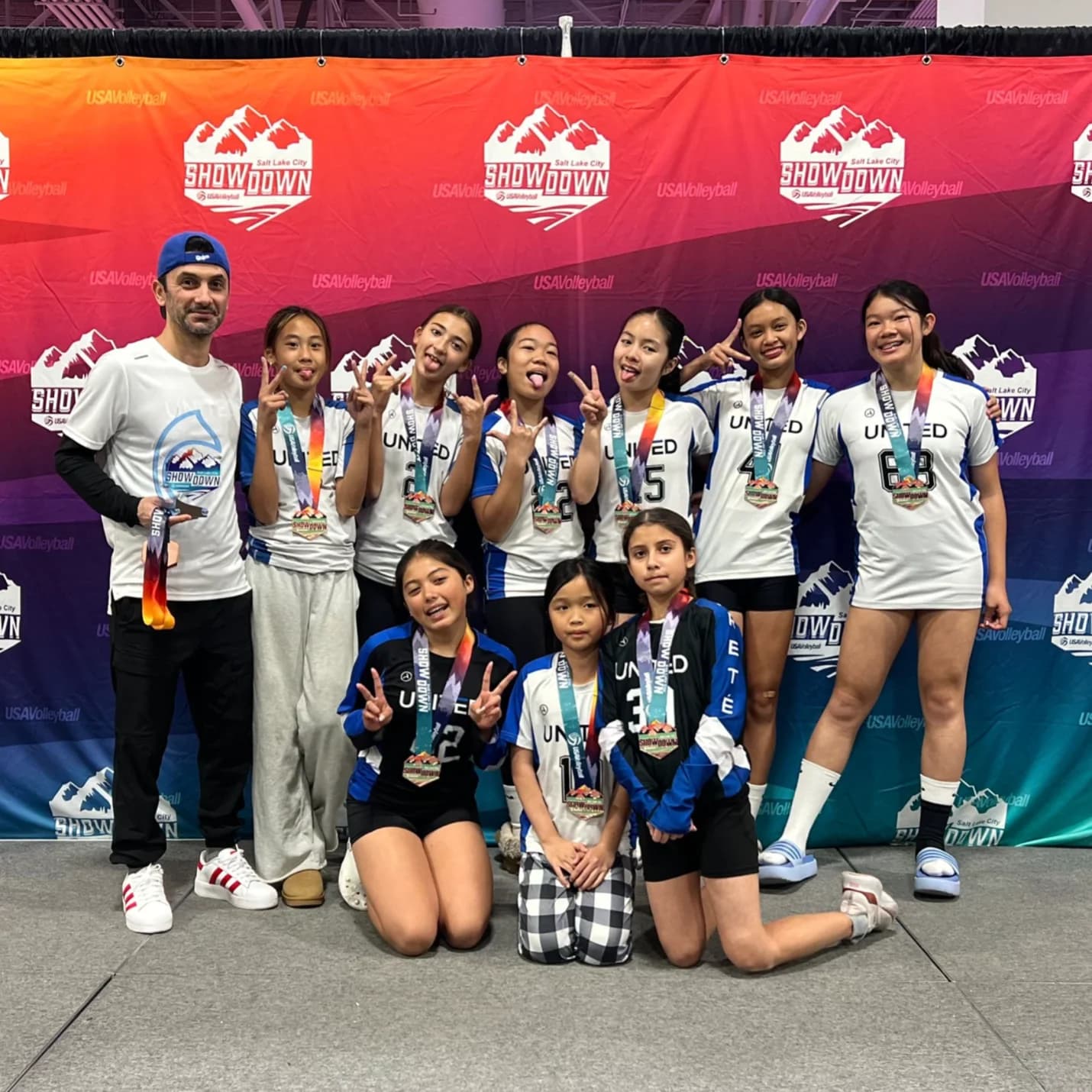 United Riverside team celebrating at the USA Volleyball Showdown tournament